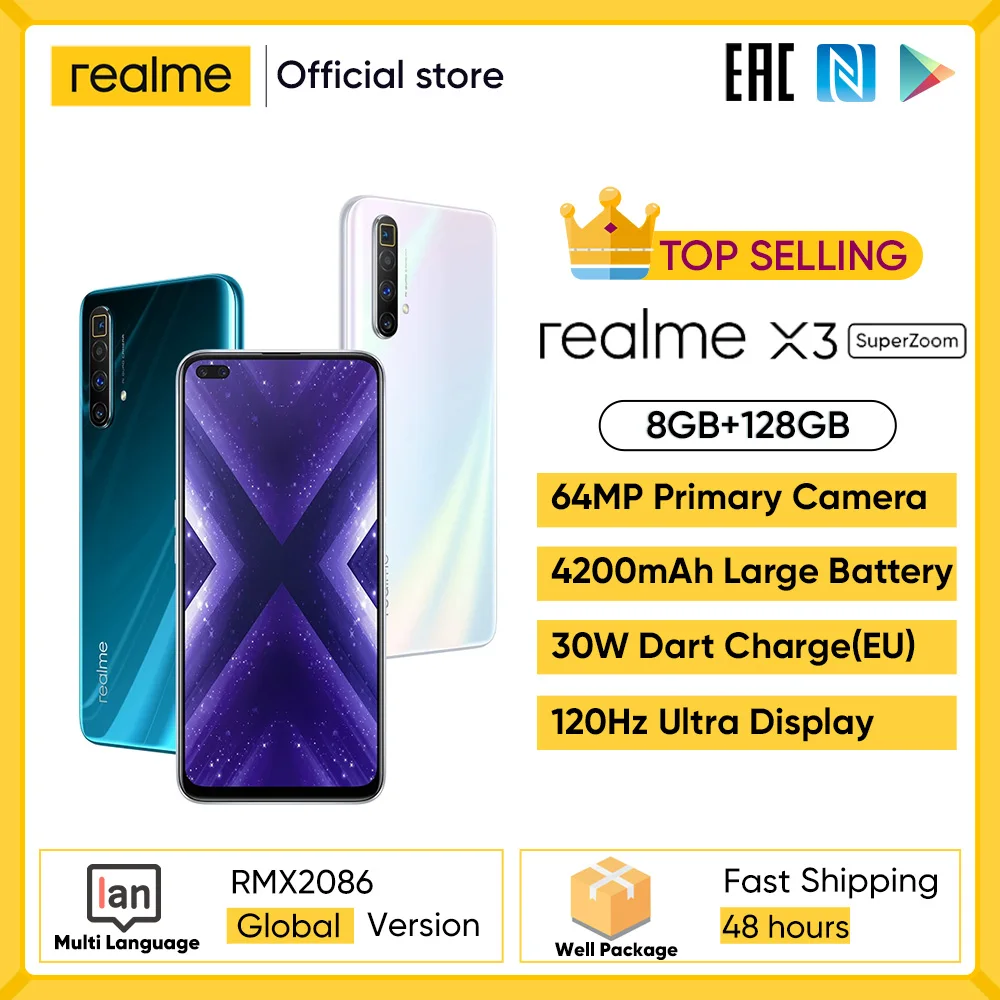 Realme X3 мобильный телефон 64MP 60X суперзум 120 Гц Дисплей Snapdragon 855 + 8GB 128GB смартфон realme 6