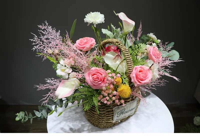 IINDIGO Designed- Pink Rose Flower Basket Flower Arrangement Gift Bouquet Artificial Flower Party Event Free Shipping