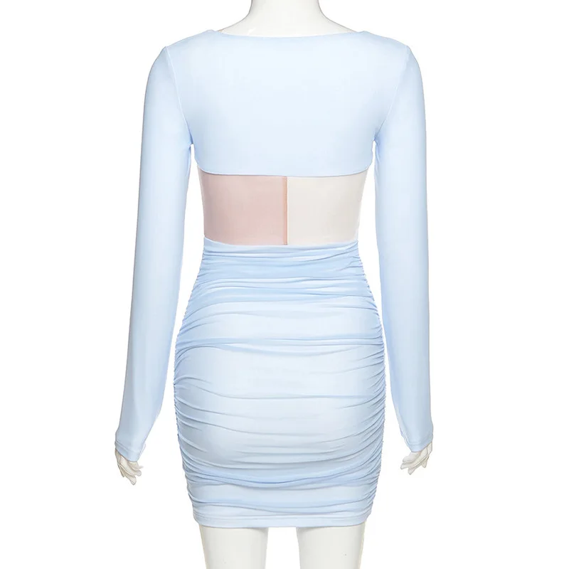 

New Pleated Pencil Dress Splicing Bodycon Dress for Women Long Sleeve Mini Party Dress Sexy Solid Basic Skinny Casual wear Short