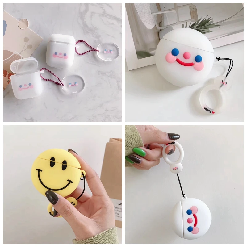 Чехол для AirPods с милым мультяшным принтом Kawaii Smile, чехол для наушников Airpods 2/i10/i11TWS, Защитная крышка с подвесным кольцом, брелок из Китая