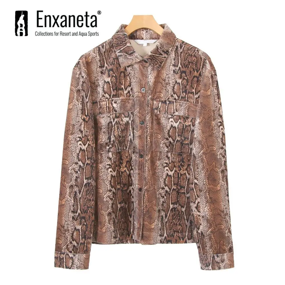 ENXANETA Женская шикарная блузка со змеиным принтом с животным узором рубашки