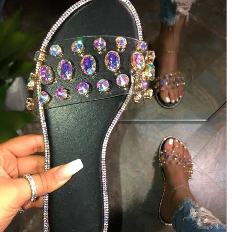 

Popular Sandals Summer Sexy Crystal Flat Shoes Fashion Sandals One-word Women's Slippers Color Sandals Sandals Size 35-43 Shoes