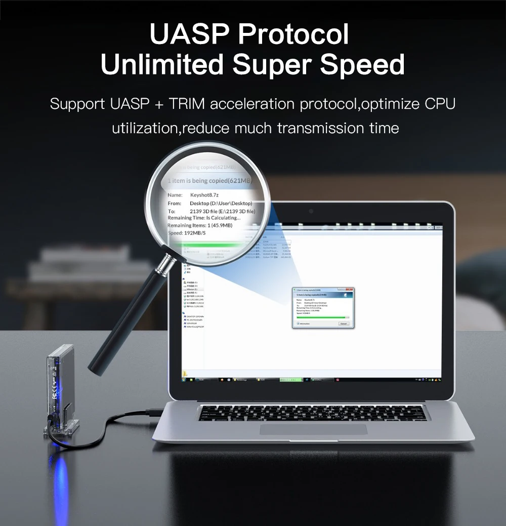 THU Тип C 2,5 ''Прозрачный жесткий чехол USB3.1 Gen2 10 Гбит/с жесткого диска Поддержка протокола UASP корпус для жесткого диска