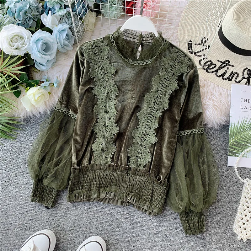 army green Neploe/Бархатная блузка с кружевным плетением в стиле пэчворк для милых девушек, винтажный изящный женский топ, осенняя Новинка, модная женская блуза с рюшами 69046 - Цвет: army green