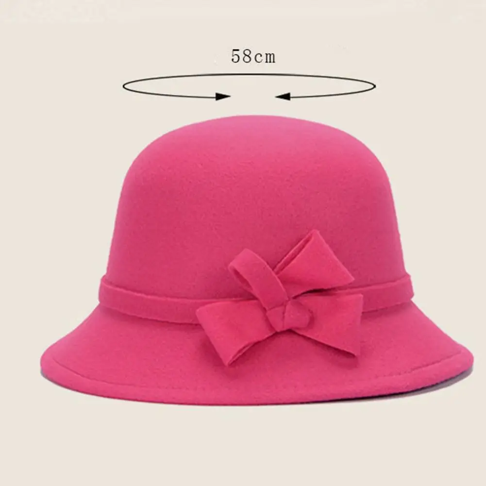 

Hats Women Vintage Faux Wool Autumn Bow Solid Color Lady Wide Brim Bucket Hat Cap