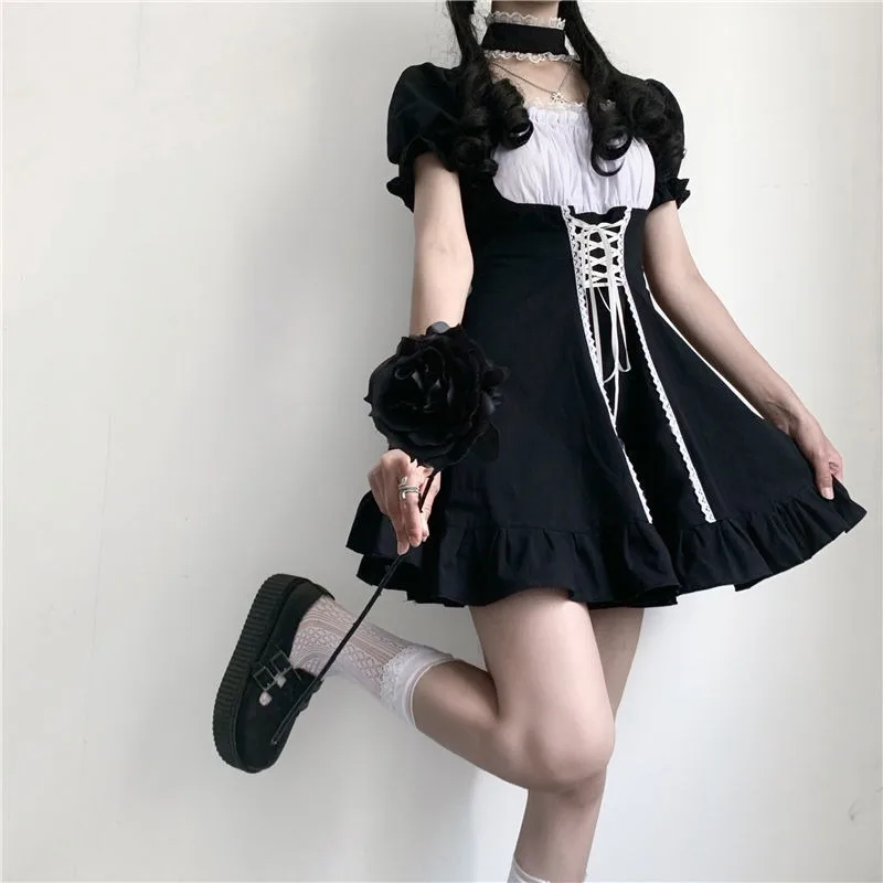 

QWEEK Kawaii Lolita Dress Sweet Lolita Style Japanese Puff Sleeve Bnadage Lace-up Mini Dress Black Kawaii Cute Maid Dress French