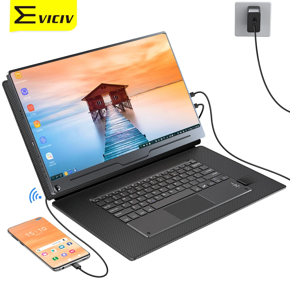 15.6" Lapdock Monitor Portable Display EVICIV 1080P HDR LCD Screen & WIFI Bluetooth Keyboard Set As PC Computer For Samsung Dex