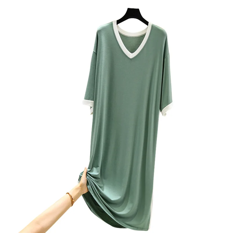 2021 Summer New Modal Nightdress Women's Loose Large V-neck Medium Sleeve Long Dress Solid Color Home Clothes Can Be Worn Out
