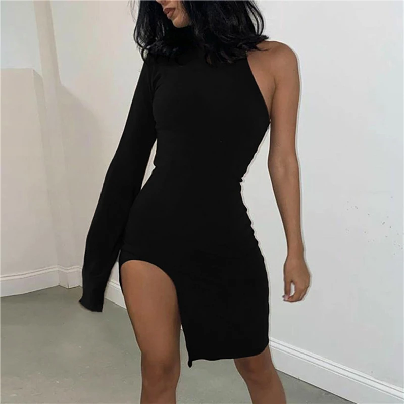 

One Shoulder Women Dresses Casual Long Sleeve Bodycon Side Slit Party Dress Autumn Fashion Sexy Skinny Clubwear Mini Dress