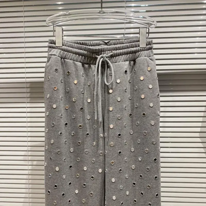 2021 Spring New Full Leg Rivet Women Sweat Pants Drawstring Elastic Waist Loose Gray Pants