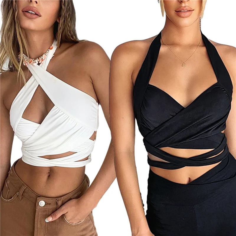 

Women's Halter Crop Top Sexy V Neck Sleeveless Solid Criss Cross Backless Wrap Camisole Vest Woman Clothes Ladies Tops Shirrts
