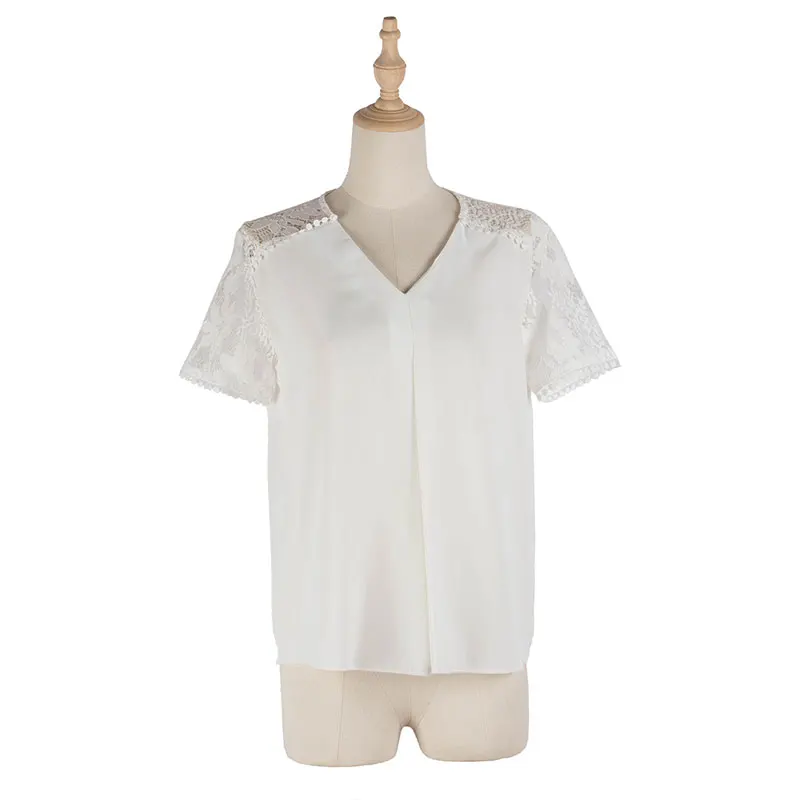 

2021 New Lace Patchwork Top Women Casual Spring Summer Short Sleeve Blouse Ladies Loose Solid V Neck Pullover Tops