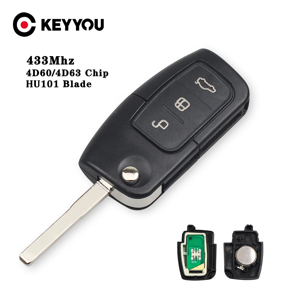 

KEYYOU 10X Car Key For Ford Fusion Focus Mondeo Fiesta Galaxy Uncut HU101 Blade Vehicle Flip Key DIY 433MHz 4D63/4D60 Chip