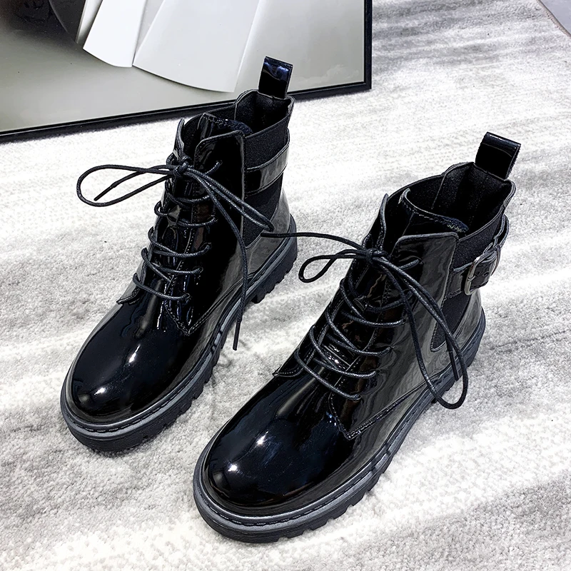 

Women Ankle Boots Black Mirror Leather 2021 Fashion Autumn Motorcycle Non-slip Waterproof Female Platform Boots Botas De Mujer