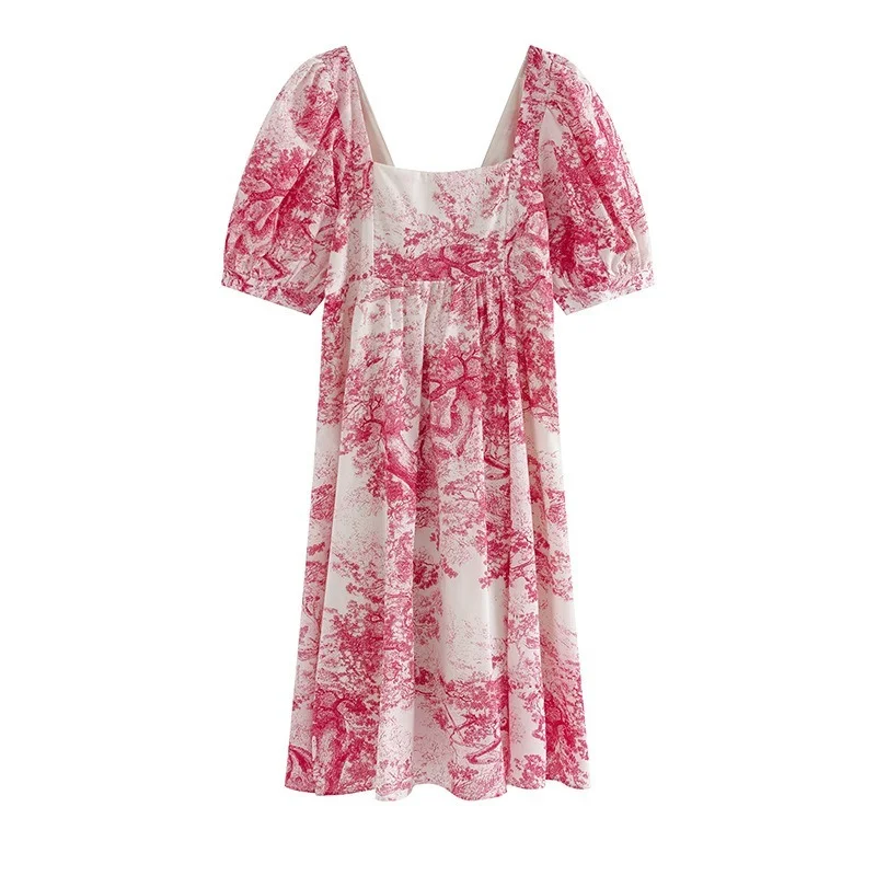 

Cottagecore Print Sexy Dress 2021 Spring Women Slim Square Collar Puff Sleeve Korean Fashion Red Dress Casual High Street Daily