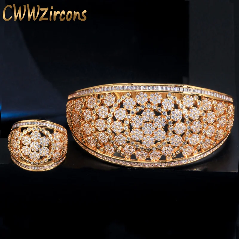 

CWWZircons Super Luxury Dubai Gold Color Shiny Flower Cubic Zirconia Paved Big Bangle and Ring Set for Wedding Brides Party T372