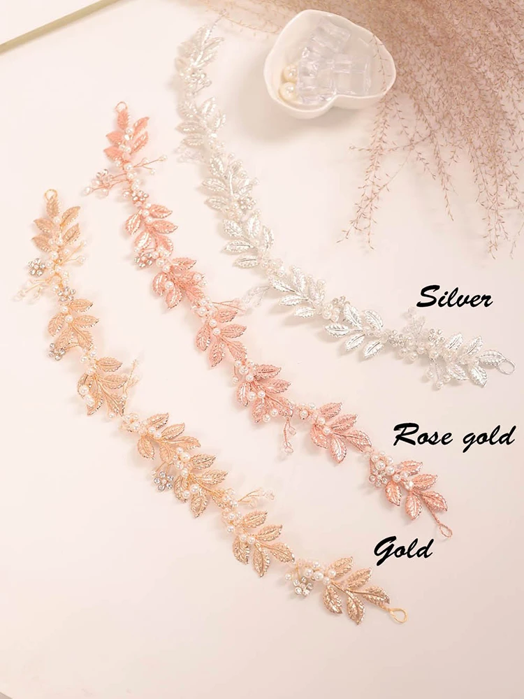 Свадебный головной убор повязка в виде листьев розовое золото серебро жемчужные