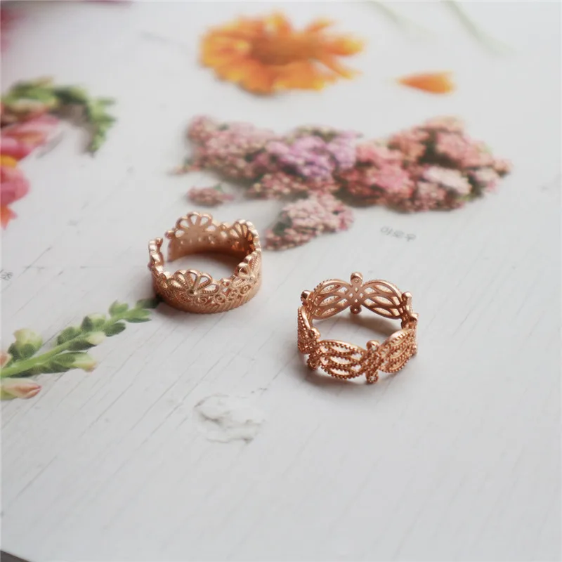 POFUNUO Real 925 Sterling Silver Korean Style Women Hollow Lace Flower Design Rings Girl Stylish Rose Gold Exquisite Zircon Ring | Украшения