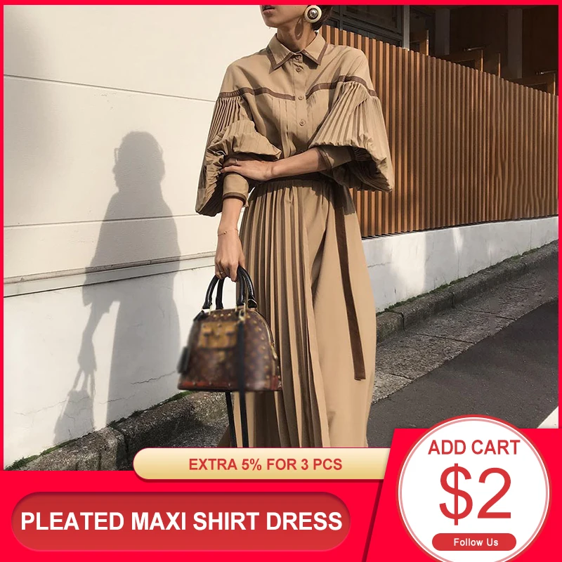 2020 Плиссированное лоскутное платье рубашка макси Осенние повседневные