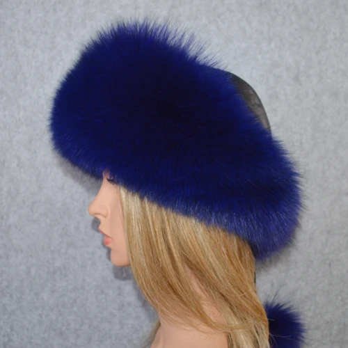 blue Женская шапка из натурального Лисьего меха для русской зимы, теплая мягкая пушистая шапка из меха лисы, роскошная женская качественная шапка-бомбер из натурального Лисьего меха - Цвет: blue