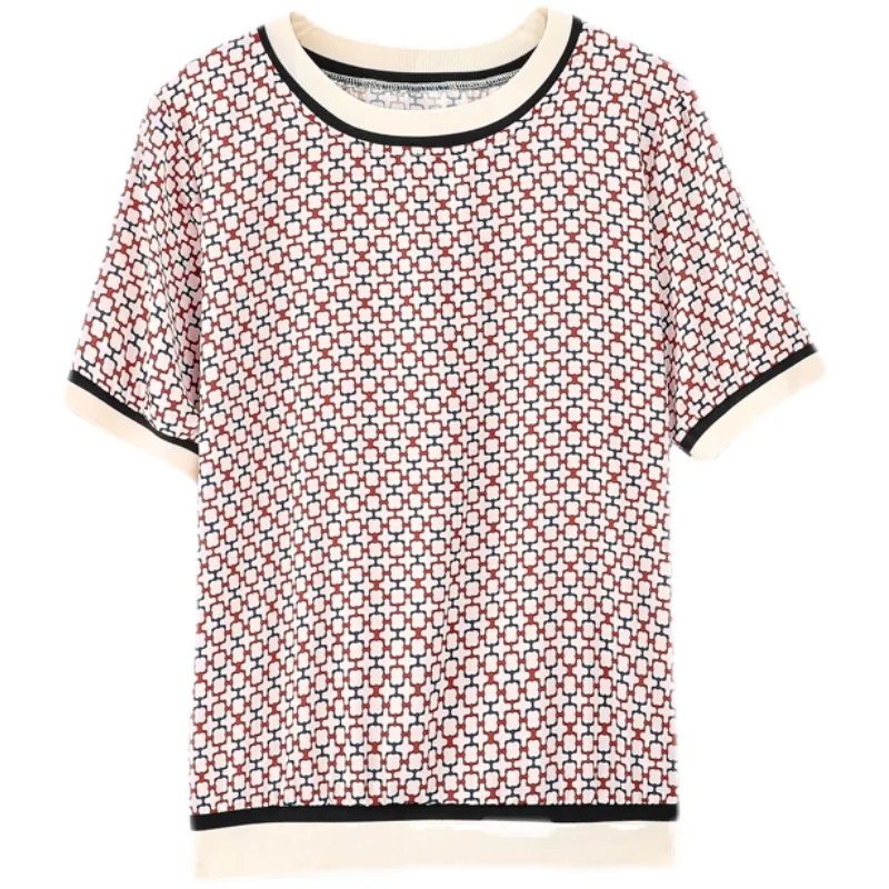 

2021 Summer Silk Satin Women Blouse Short-sleeved Print Famele Shirts O-Neck Geometric T-shirt OL Fashion Woman Tops and Blouses