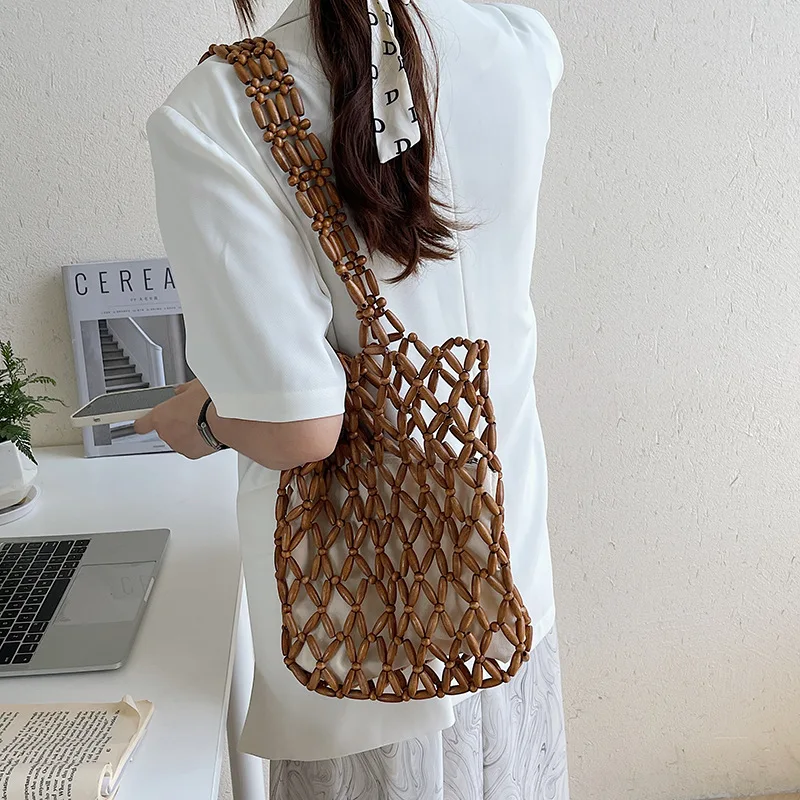 

Women Vintage Wooden Beads Female Woven Portable Fashion Bag Dinner Single Bamboo Shoulder Messenger Designer Tote Bag 2021