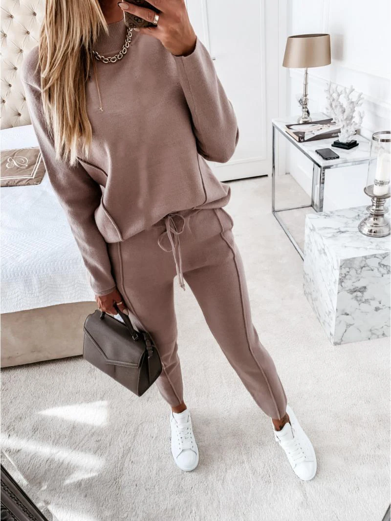 

2021 New Turtleneck Women Pullover Long Sleeve Long Pants Sports Suit Female Sweatshirt Casual Solid Sportswear 2 Piece Set