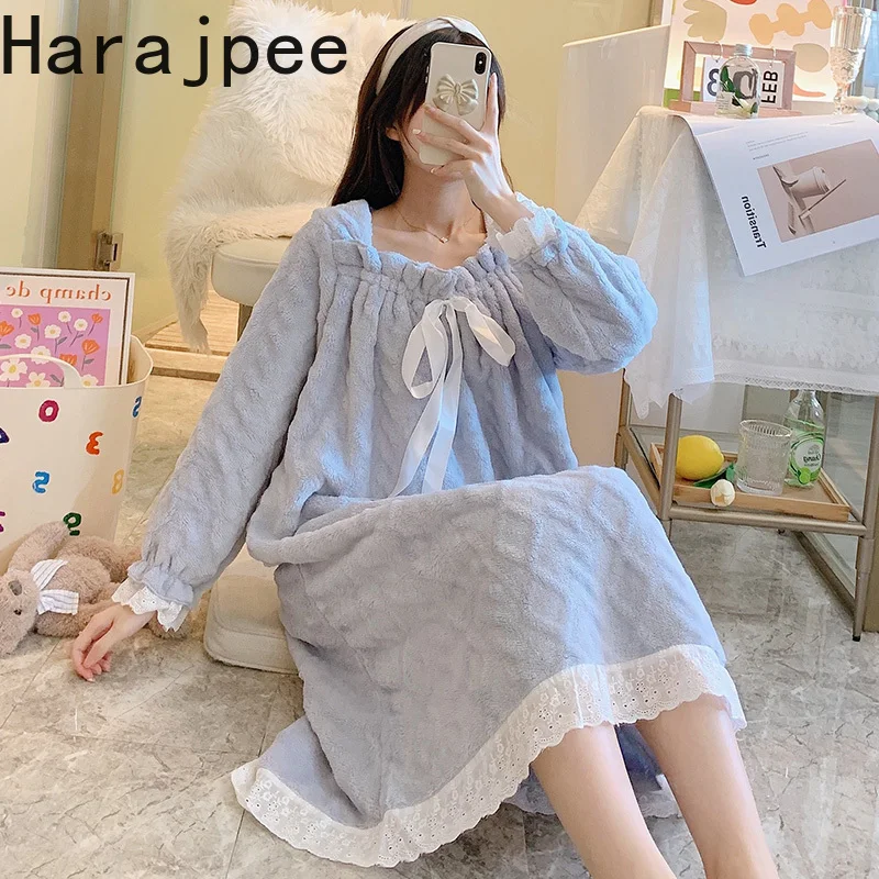 

Бархатная Пижама харадзпи кораллового цвета Женская осенне-зимняя ночная рубашка утепленная длинная Милая сетчатая красная фланелевая До...