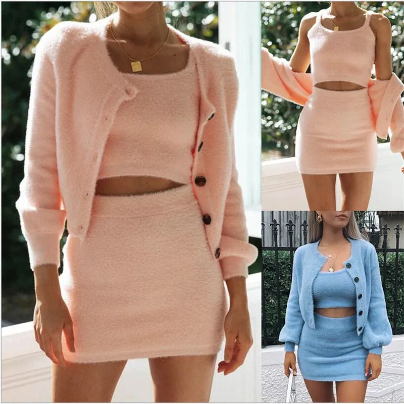 

Winter Soft Warm 3 Pieces Set Casual Full Sleeve Button Cardigan Outwear Mini Skirt Strap Tank Female Suit Three Piece Set Women
