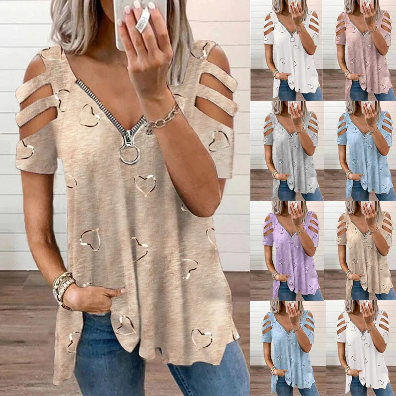 

2021 New Foreign Trade Women V-Neck Zipper Print Short-Sleeved Loose Casual T-Shirt Women's Top