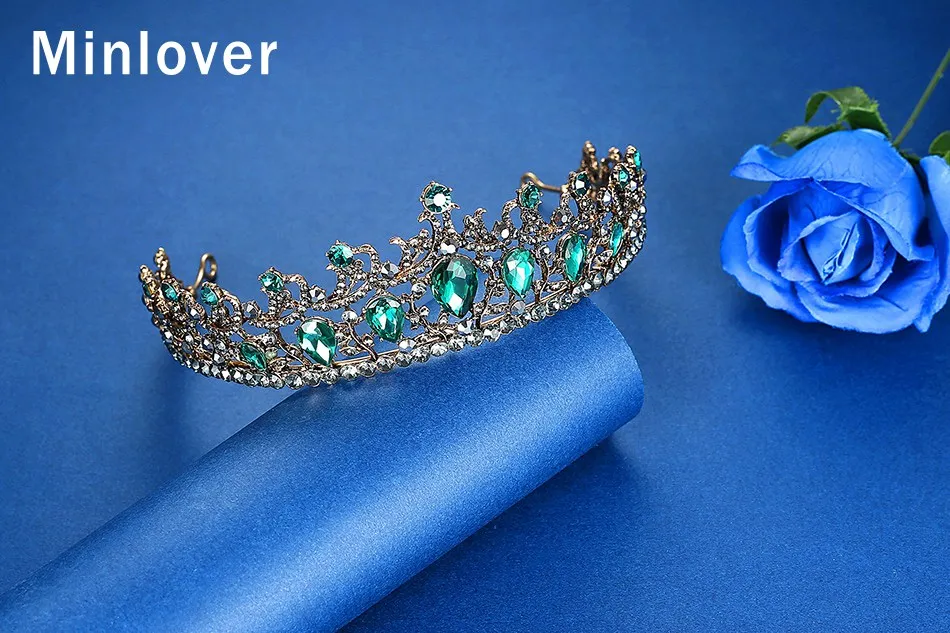 Minlover зеленый кристалл барокко невесты диадемы и короны для женщин Свадебные украшения волос аксессуары королева диадема, Корона повязка на голову