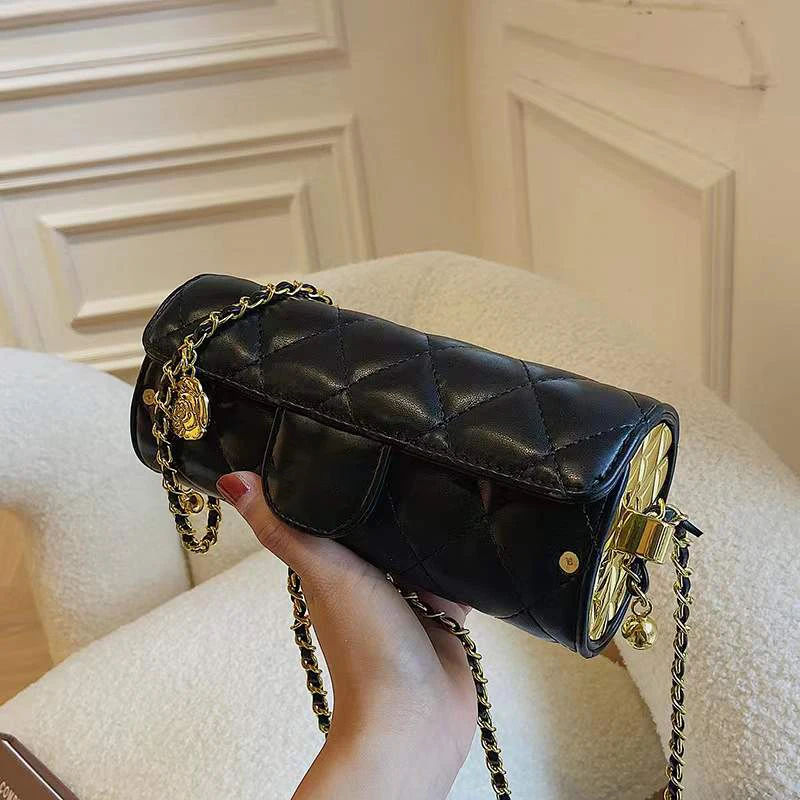 

Xiaoxiangfeng cylinder bag female 2021 new fashion versatile camellia flower Single Shoulder Messenger Bag Lingge chain bag