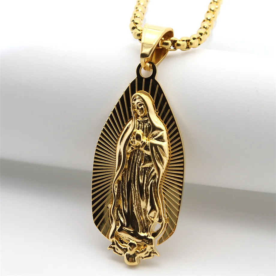 

Holy Virgin Mary Pendant Necklace Religion Golden Stainless Steel Madonna Necklace Women Collier Femme Christian Jewelry