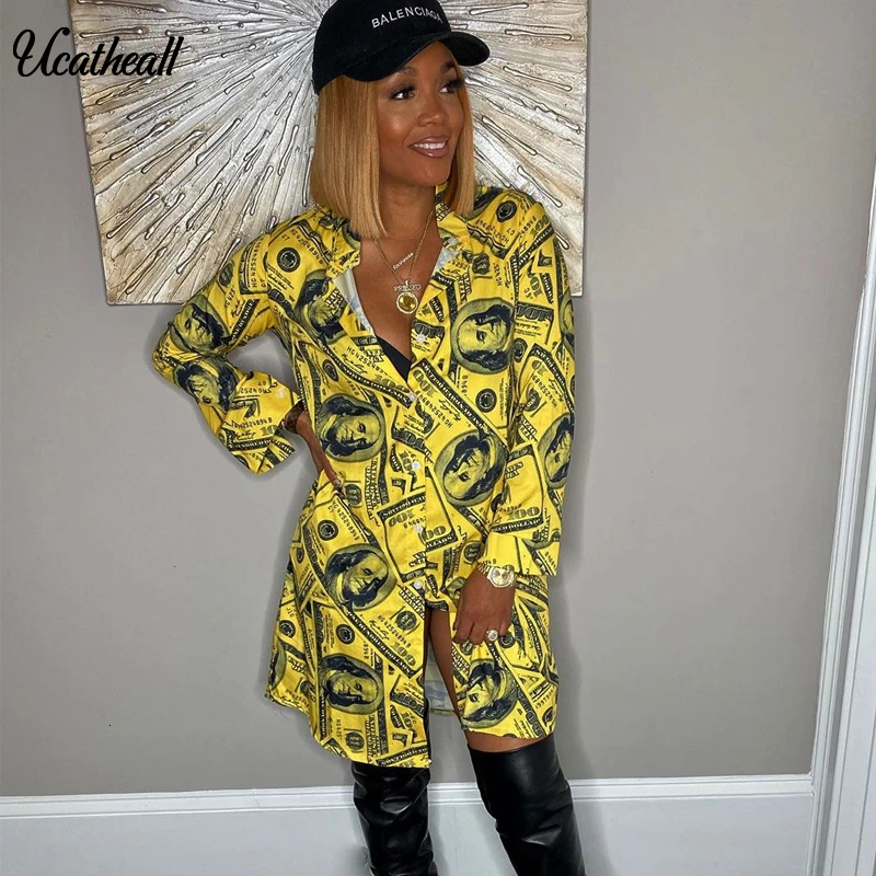 Платье с принтом денег долларов v-образным вырезом и длинными рукавами уличная