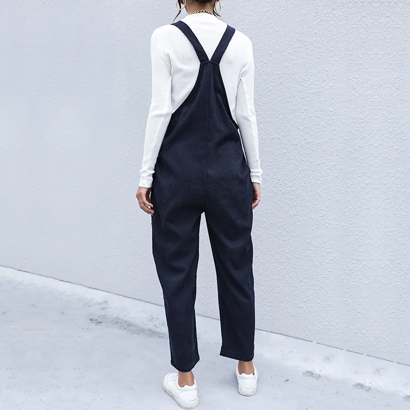 Женский Осенний комбинезон Witbuy темно-синий вельветовый с карманами повседневные