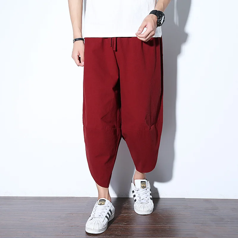#2532 летние хлопковые льняные широкие брюки для мужчин с эластичной резинкой на