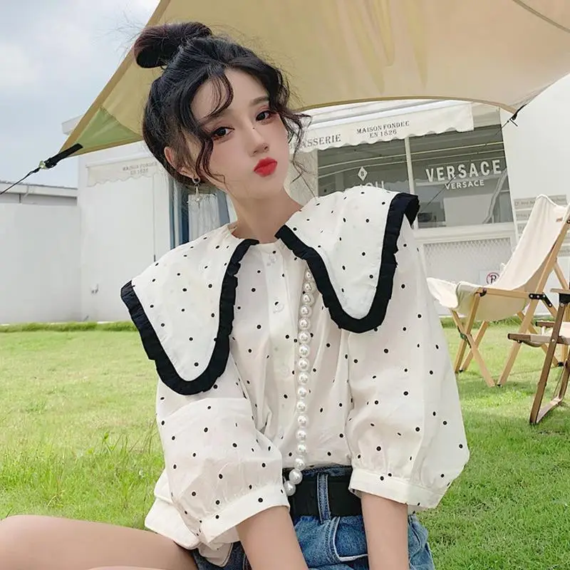 

Женская однобортная блузка в горошек, элегантная рубашка с длинным рукавом и воротником «Питер Пэн», облегающий Топ, весна-осень 2021