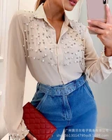 2021 new fashion solid embroidered flares long sleeve tops for women turn down collar shirts women