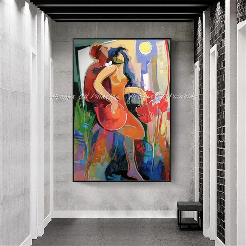 Arthyx-figura de parejas abstractas pintadas a mano, pintura al &oacute;leo sobre lienzo, arte de pared moderno, imagen de ni&ntilde;a para decoraci&oacute;n del hogar y sala de estar-3