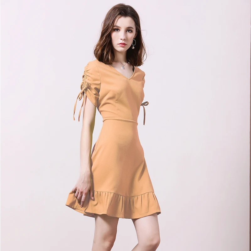 

DMLFZMY Summer Women Dress V-neck Short-sleeved Ruffled Dress Sexy Fairy High Waist Slim Lady Dress vestidos