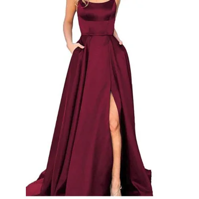 

Женское вечернее платье с открытой спиной, бордовое длинное ТРАПЕЦИЕВИДНОЕ ПЛАТЬЕ на бретельках с разрезом, платье для выпускного вечера