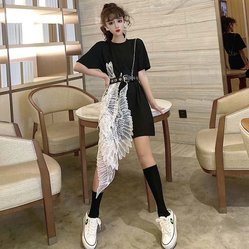 

Harajuku boho Loose Top tshirt Irregular Dark Short Sleeve Mesh Wings Embroidery Gothic Long Tshirt black Clothes for women 2020