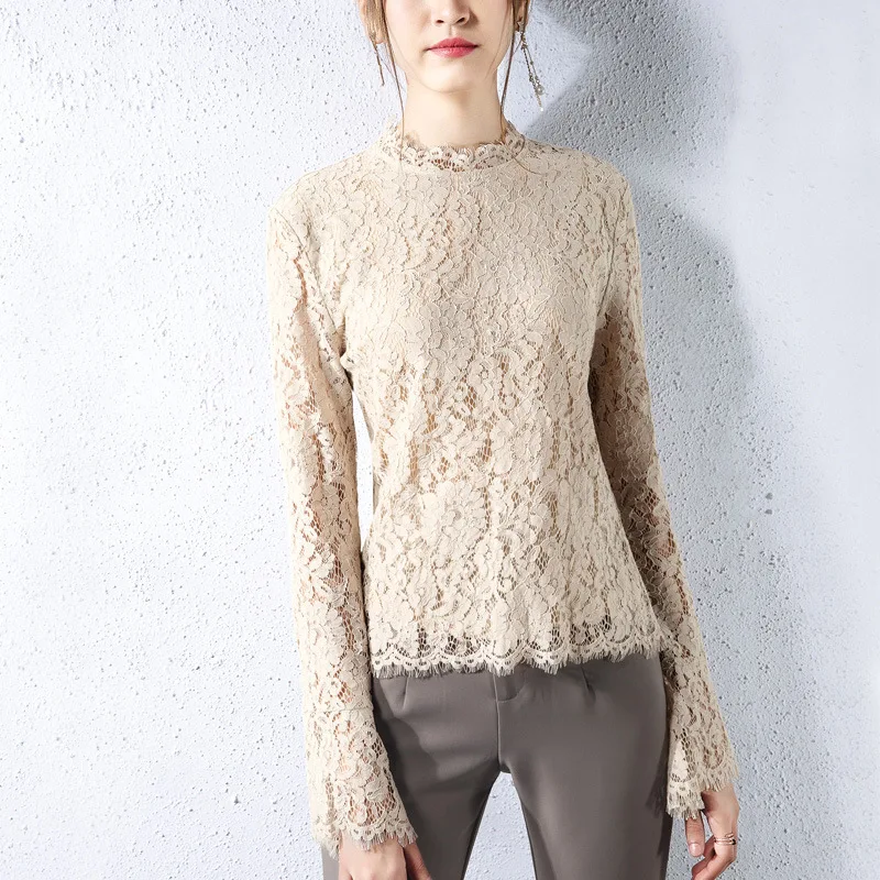 

European lace top spring 2019 foreign style small shirt trumpet sleeve bottom coat hollow sexy top women's wholesale