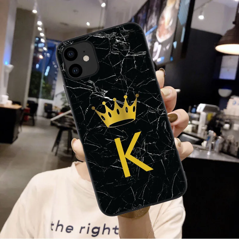 

Custom name Letter Monogram Black Marble Gold crown Soft Phone Case For iphones 11 Pro Max 6 6s 7 8 Plus X XR Xs Max Back Cover