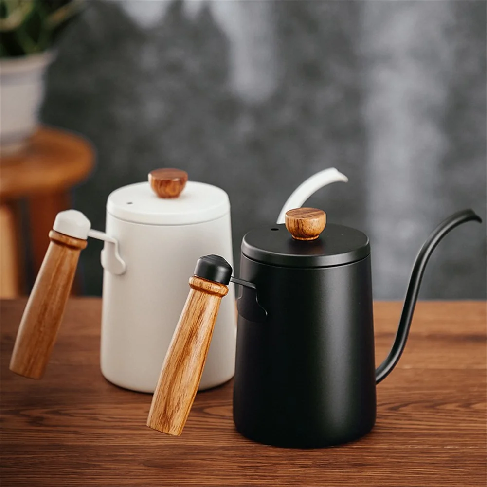 

600ml Manual Coffee Pot With Wood Handle Stainless Steel Long Mouth Hand Coffeemaker Dripper Kitchen Appliance Supplies Dropship