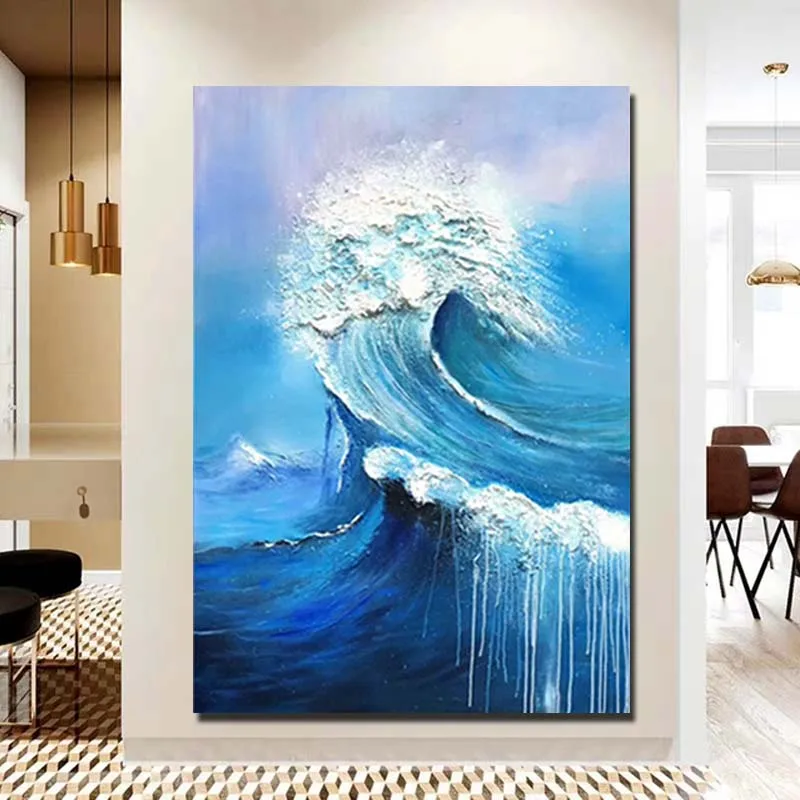 

Hand Painted Modern Abstract Impasto Blue Seawave Canvas Oil Painting Wall Art Picture Living Room Home Decor Drop Shipping