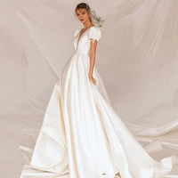 eightree sexy white wedding dresses short sleeve v neck sweep train bride dress 2022 a line satin wedding evening gown plus size
