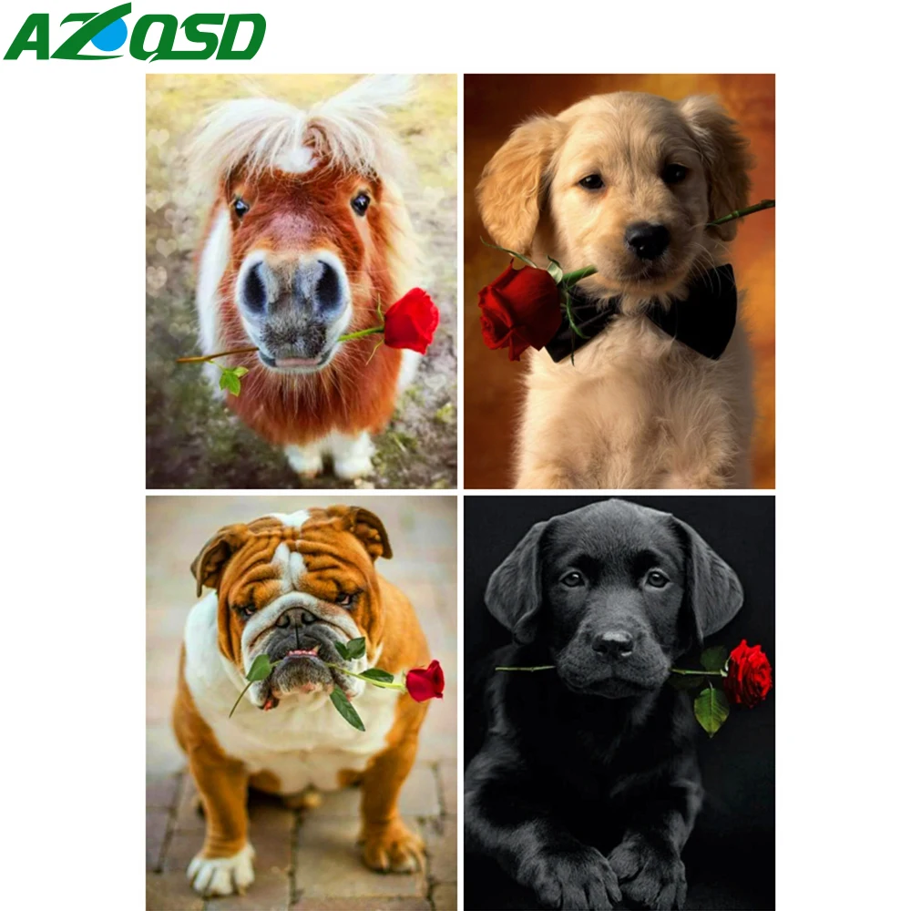 

AZQSD Diamond Painting Dog Rose Cross Stitch Kits Rhinestones Diamond Embroidery Animal Mosaic Handmade Home Decor Gift