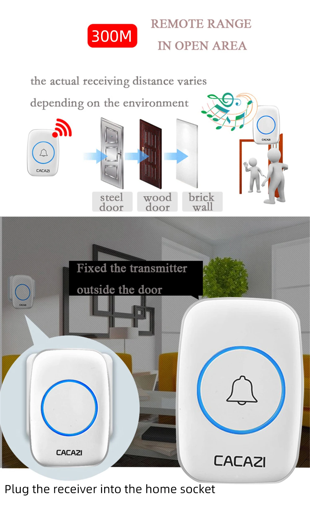 Беспроводной дверной звонок автономный без батареек с 38 колокольчиками