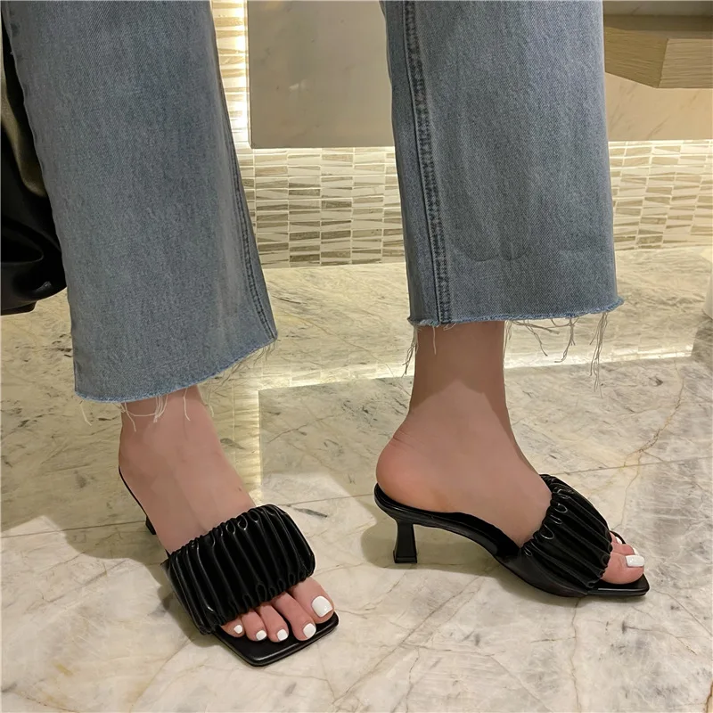 

Thin Heels Shoes Big Size Low Woman's Slippers Luxury Slides 2021 Designer Rubber Basic PU Rome Fabric Hoof Low Shoes Woman 2021
